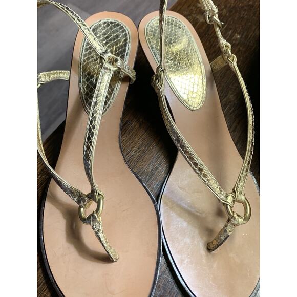 Coach Leather Adrienne T Strap Sandal Gold Metallic Size 9.5 Snakeskin Design